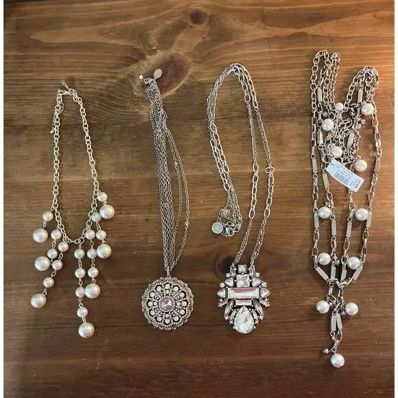 WHBM Necklace Lot 4pc Crystal Pearl Statement Layered Silver Tone - Picture 1 of 15